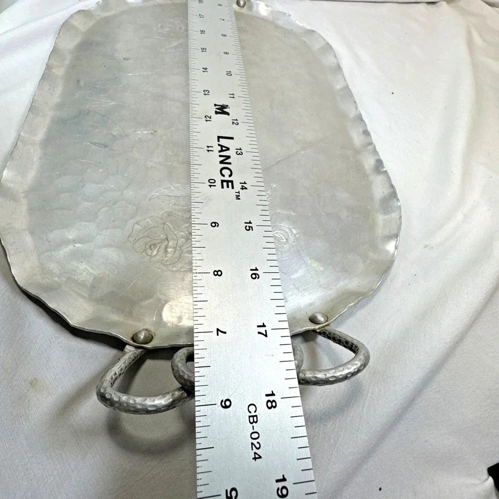 Vintage Aluminum Tray  Forged Hammered Floral Design  Serving Tray  USA